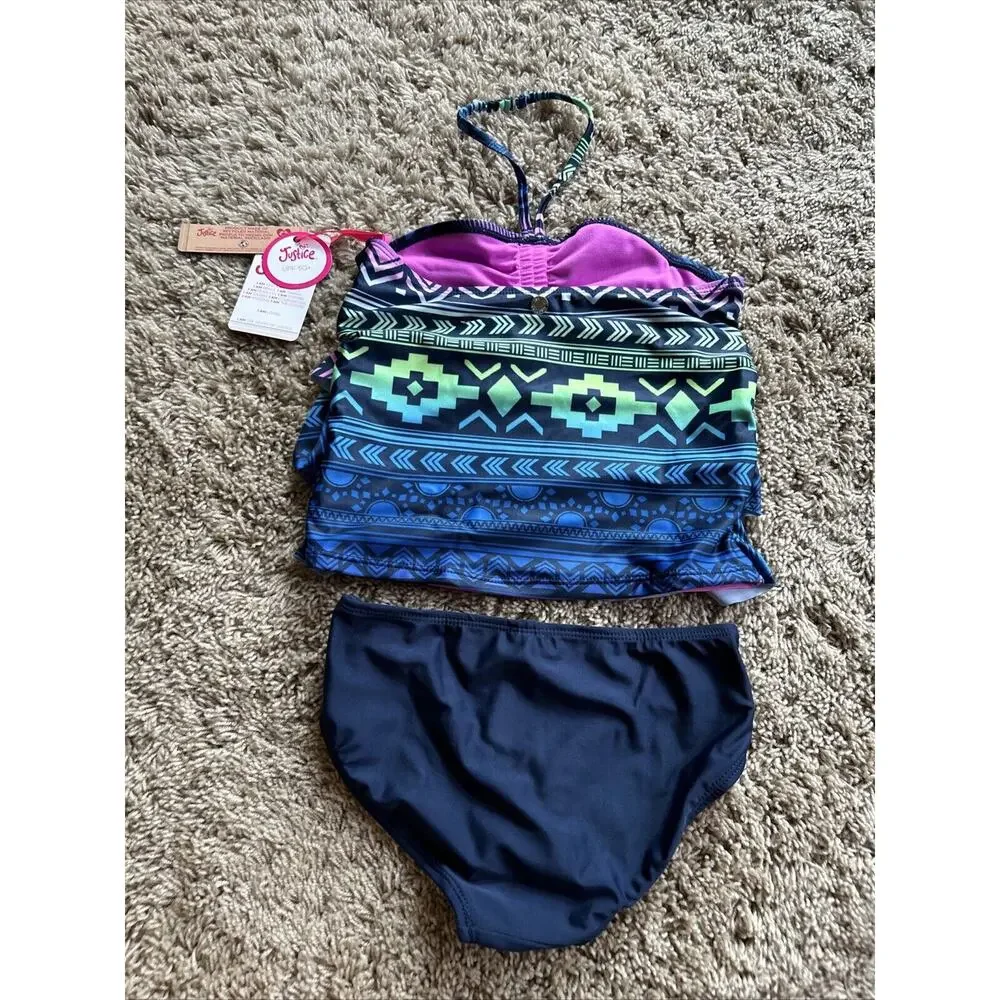 JUSTICE Size 7/8 Girls SWIMSUIT Tankini Ruffle Halter Swim Suit Cupcake Blue Q24